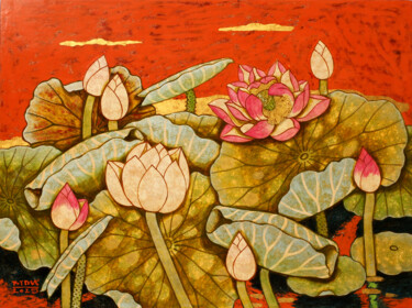 Painting titled "Summer Sun" by Du Bui Trong, Original Artwork, Lacquer Mounted on Wood Panel