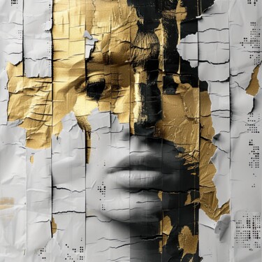 Golden Veil of Silence – Surreal Textured Portrait Цифровое искусство под названием "Golden Veil of Sile…" - Ilsy Khaff, Подлинное произведение искусства, Цифровая фотография…