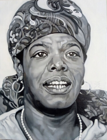 Schilderij getiteld "Maya Angelou" door Takuart, Origineel Kunstwerk, Olie Gemonteerd op Frame voor houten brancard