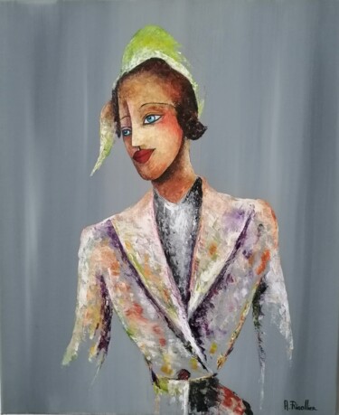 绘画 标题为“Femme au chapeau ve…” 由Alain Rigollier, 原创艺术品, 油 安装在木质担架架上