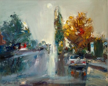 Schilderij getiteld "A Misty Autumn City" door Mateos Sargsyan, Origineel Kunstwerk, Olie Gemonteerd op Frame voor houten br…