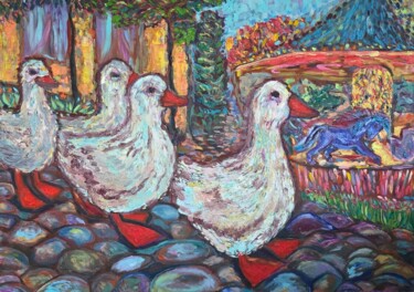 绘画 标题为“Ducks and Carousel” 由Yuliya Gündoğan (ostbiju_art), 原创艺术品, 油 安装在木质担架架上