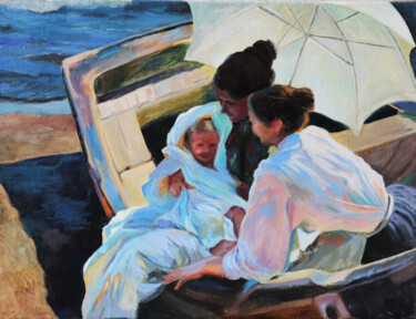 Painting titled "After bathing, la c…" by Katia Zhevno, Original Artwork, Oil Mounted on Wood Stretcher frame