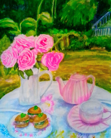 Cottage Garden Still life watercolor artwork Pintura titulada "Cottage Garden Stil…" por Watercolor Whisper, Obra de arte original, Acrílico