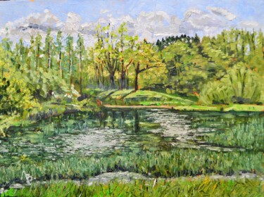 Vorya river in May Schilderij getiteld "Vorya river in May" door Vladimir Lebedev, Origineel Kunstwerk, Olie Gemonteerd op Karton
