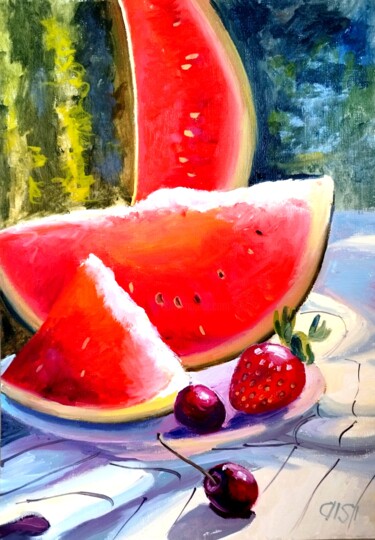 Summer Delight: Watermelon and Berries 绘画 标题为“Summer Delight: Wat…” 由Larisa Sidorova (Alsi), 原创艺术品, 油