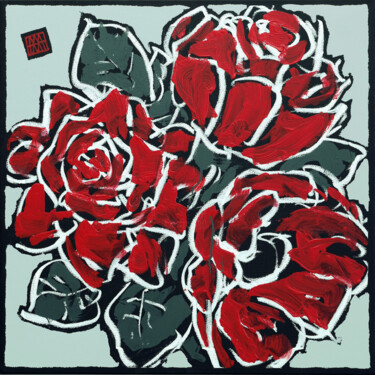 Schilderij getiteld "Red Flowers" door Motte Alexandre, Origineel Kunstwerk, Aquarel Gemonteerd op Frame voor houten brancard