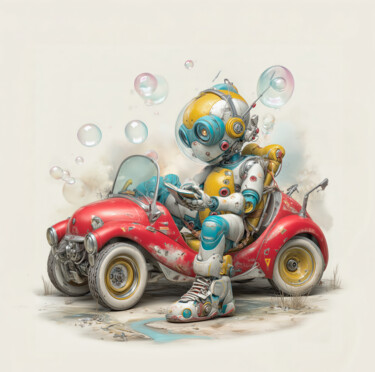 The Joyful Journey of Pixo on the Planet of Soap Bubbles 数字艺术 标题为“The Joyful Journey…” 由Alla Pixel, 原创艺术品, AI生成的图像 安装在木质担架架上