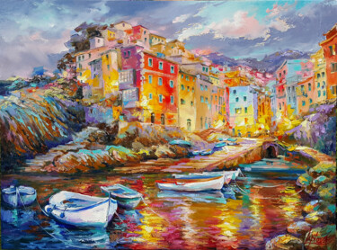 Magical evening in Riomaggiore, Cinque Terre Картина под названием "Magical evening in…" - Viktoria Lapteva, Подлинное произведение искусства, Масло Установлен на Деревя…
