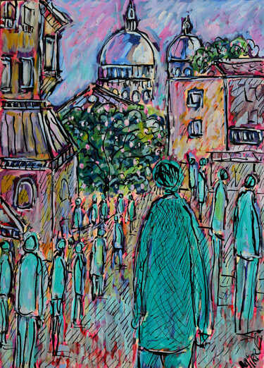 Schilderij getiteld "Turquoise Montmartre" door Jean Mirre, Origineel Kunstwerk, Olie