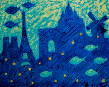 「Paris Fishes」というタイトルの絵画 Denis Kuvayevによって, オリジナルのアートワーク, アクリル ウッドストレッチャーフレームにマウント