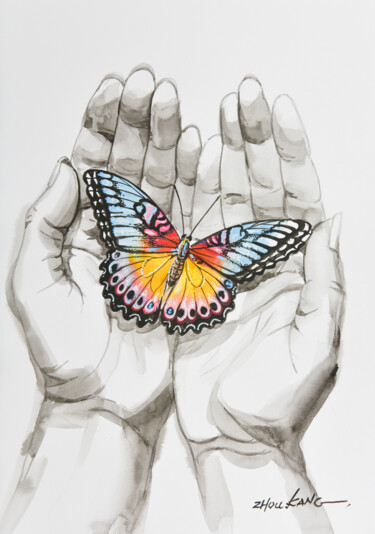 绘画 标题为“Butterfly on Hand” 由Kang Zhou, 原创艺术品, 水彩