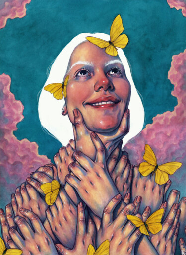 Bendecida por mil mariposas amarillas Painting titled "Bendecida por mil m…" by Roselin Estephanía, Original Artwork, Watercolor
