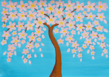 Spring tree in blossom with pink flowers 「Spring tree in blos…」というタイトルの絵画 Irina Afonskayaによって, オリジナルのアートワーク, アクリル