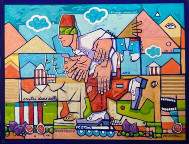 Painting titled "La fuite en Egypte" by Vincent Arcache, Original Artwork, Oil Mounted on Wood Stretcher frame