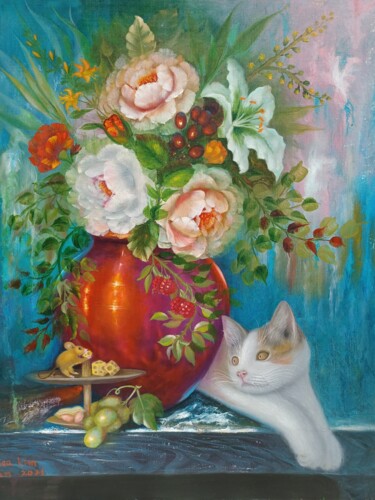 Painting titled "Bouquet with Watchf…" by Jihea Kim, Original Artwork, Oil Mounted on Wood Stretcher frame
