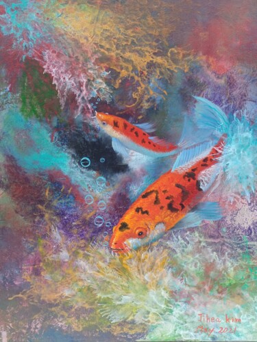 绘画 标题为“Dance of the Koi” 由Jihea Kim, 原创艺术品, 油 安装在木质担架架上