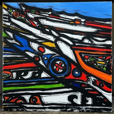 Schilderij getiteld "Les Pirogues Coloré…" door Simon, Origineel Kunstwerk, Acryl Gemonteerd op Frame voor houten brancard