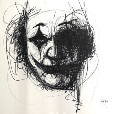 Schilderij getiteld "Joker" door Patrice Murciano, Origineel Kunstwerk, Houtskool Gemonteerd op Frame voor houten brancard