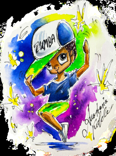Zumba-Style Cartoon Man - Playful African American Character Schilderij getiteld "Zumba-Style Cartoon…" door Anastasia Kokler, Origineel Kunstwerk, Aquarel