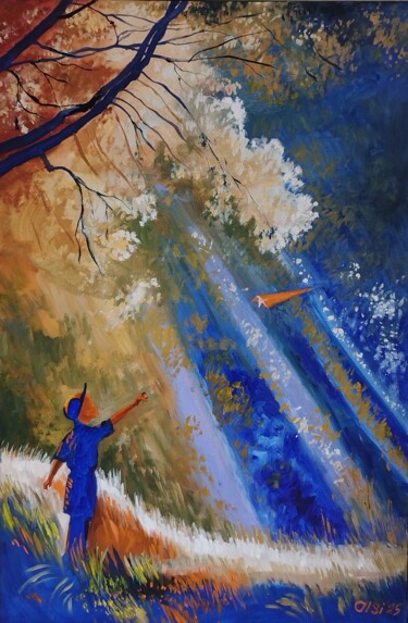 A boy and a paper airplane. Dream flight Pintura intitulada "A boy and a paper a…" por Larisa Sidorova (Alsi), Obras de arte originais, Óleo Montado em Armação em ma…
