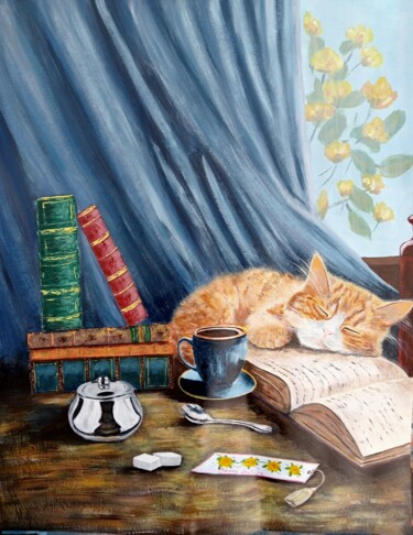 Painting titled ""Lire pour s'endorm…" by Alain Favé, Original Artwork, Acrylic Mounted on Wood Stretcher frame