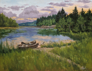 Boats, sunset Картина под названием "Boats, sunset" - Tatiana Karchevskaya, Подлинное произведение искусства, Масло Установлен на Деревянн…
