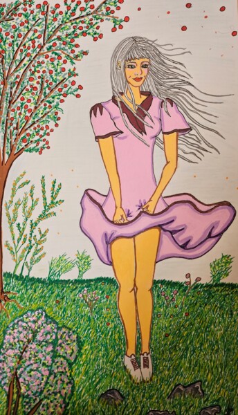 Dibujo titulada "Indiscrétion du vent" por Christina Willaime (Tinachoupy), Obra de arte original, Rotulador