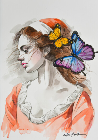 Schilderij getiteld "woman with butterfl…" door Kang Zhou, Origineel Kunstwerk, Aquarel