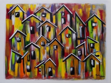 Pintura intitulada "Quadro de Casinhas…" por Marly Genuino, Obras de arte originais, Acrílico Montado em Armação em madeira