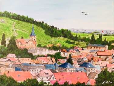 La ville de Barr en Alsace : vue du champ de Papy. Malarstwo zatytułowany „La ville de Barr en…” autorstwa Valérie Schuler, Oryginalna praca, Akryl Zamontowany na Drewniana ra…