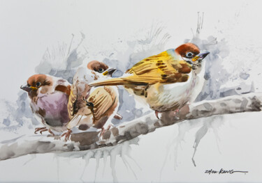 Painting titled "House sparrow" by Kang Zhou, Original Artwork, Watercolor