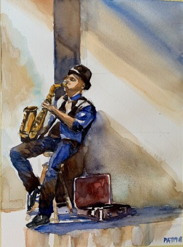 Pittura intitolato "La voce del sassofo…" da Patrizia Salcini, Opera d'arte originale, Acquarello