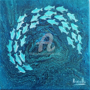 제목이 "Poissons 20x20"인 미술작품 Armelle Cailly로, 원작, 아크릴 나무 들것 프레임에 장착됨