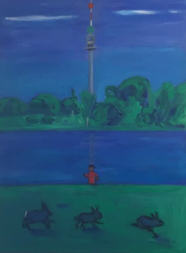 Vienna-Early Morning Bunnies By The Danube Pittura intitolato "Vienna-Early Mornin…" da Jo Tuck, Opera d'arte originale, Olio
