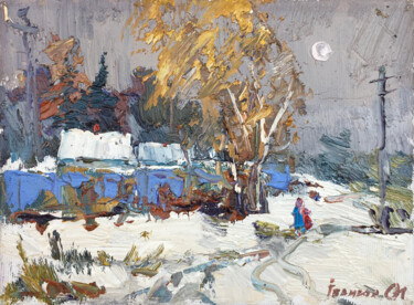 Painting titled "Street in the snow" by Oleksiy Ivanyuk, Original Artwork, Oil Mounted on Wood Stretcher frame