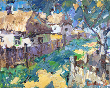 Painting titled "Childhood street" by Oleksiy Ivanyuk, Original Artwork, Oil Mounted on Wood Stretcher frame
