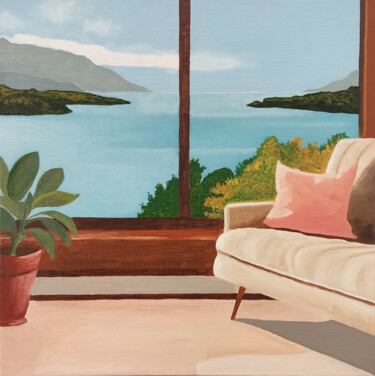 Pittura intitolato "Fenêtre sur lac III" da Gabriel Riesnert, Opera d'arte originale, Olio Montato su Pannello di legno