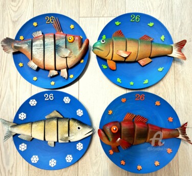 Scultura intitolato "Fish № 26 part 1,2,…" da Hakaro, Opera d'arte originale, Legno