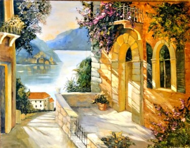 Pittura intitolato "Villa at the Como l…" da Elena Stepanovych, Opera d'arte originale, Olio Montato su Telaio per barella i…