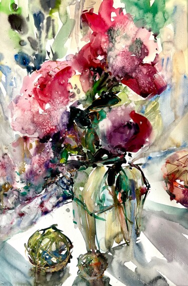 Ζωγραφική με τίτλο "Peonies" από Елена Гордиевская, Αυθεντικά έργα τέχνης, Ακουαρέλα