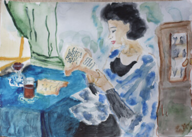 Pittura intitolato "Женщина в шали чита…" da Elena Zogina, Opera d'arte originale, Acquarello