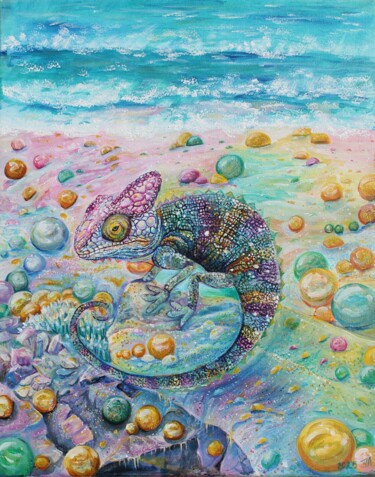 Rainbow Chameleon at Sea "Rainbow Chameleon a…" başlıklı Tablo Lubа Mira tarafından, Orijinal sanat, Akrilik Diğer sert panel üzerine monte edilmiş