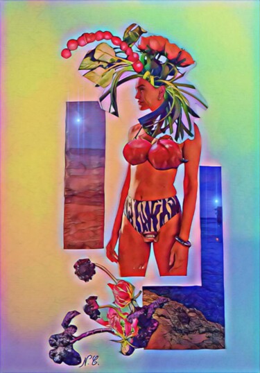 Collages titled "Baigneuse" by Nadège Chamand, Original Artwork, Collages