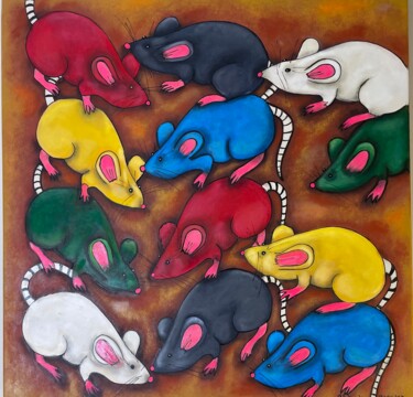 绘画 标题为“Tribu de rats” 由Stephanie Bernard, 原创艺术品, 丙烯 安装在木质担架架上