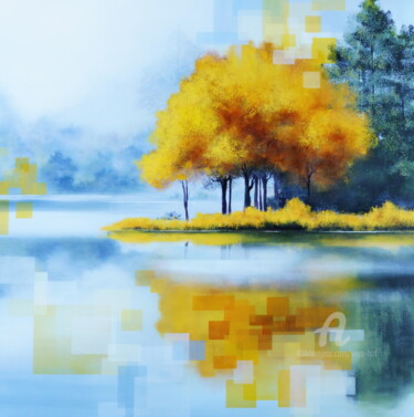 Ζωγραφική με τίτλο ""Echoes by the Lake"" από Vera Hoi, Αυθεντικά έργα τέχνης, Λάδι Τοποθετήθηκε στο Ξύλινο φορείο σκελετό