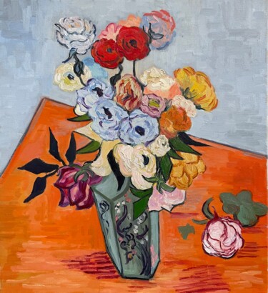 Inspired by Van Gogh: Japanese Vase with Roses and Anemones 绘画 标题为“Inspired by Van Gog…” 由Tetiana Lukianchenko, 原创艺术品, 油