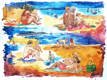 Painting titled "Beach atmosphere" by Nicolas Le Guillou, Original Artwork, Watercolor