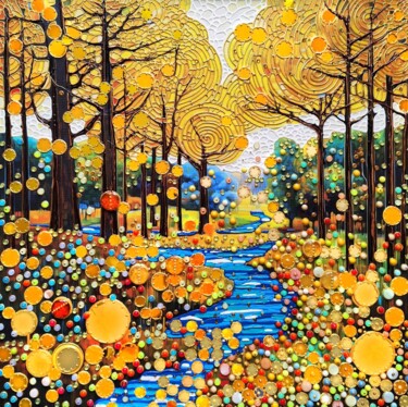 GOLDEN FOREST LANDSCAPE 绘画 标题为“GOLDEN FOREST LANDS…” 由Bast, 原创艺术品, 丙烯 安装在木质担架架上