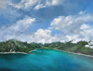 Painting titled "Высокогорное озеро…" by Deniza Akt, Original Artwork, Oil Mounted on Wood Stretcher frame